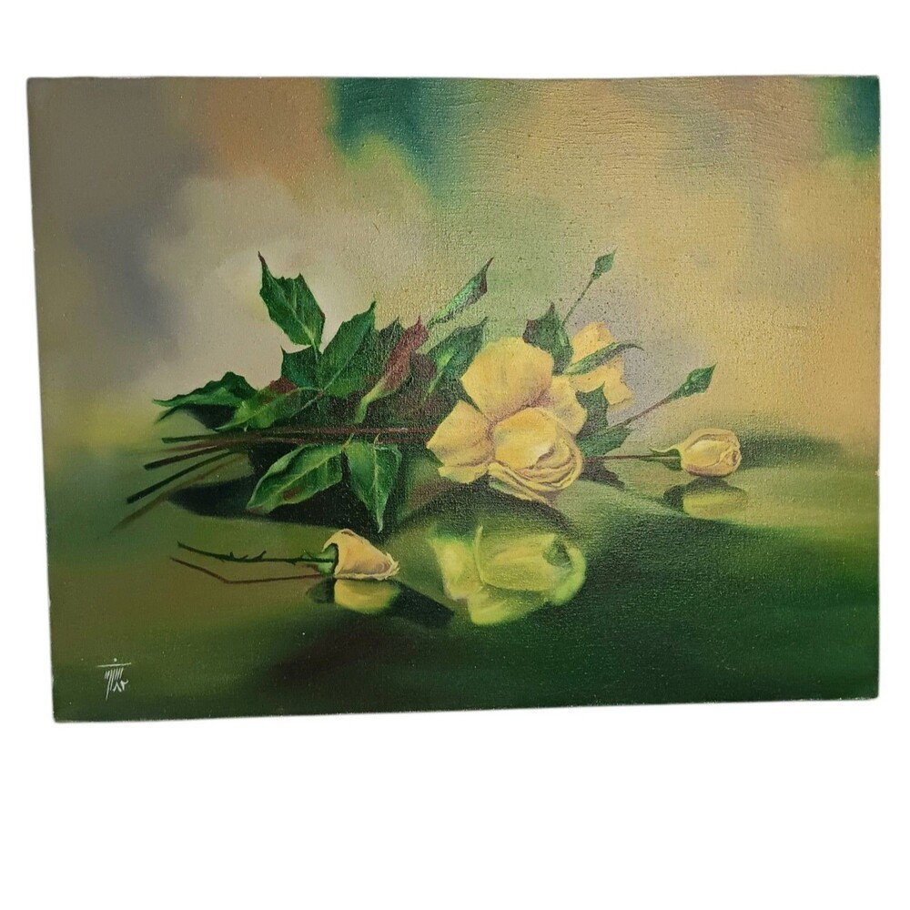 Yellow Long Stemmed Roses & Buds Painting Still Life Reflection 15.75" x 11.75"